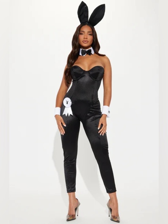 PLAYBOY Pants - PLAYBOY Black Strapless Bunny Satin Jumpsuit with Accessories Sz L (TXA985)